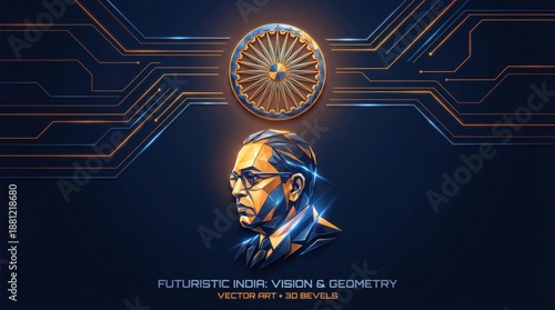 Futuristic Digital Art Portrait of Dr B R Ambedkar with Ashoka Chakra.