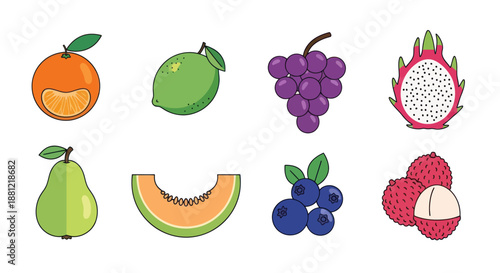 Colorful assortment of fresh fruit icons for health and nutrition concepts