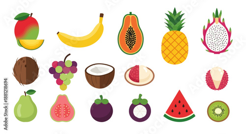 Colorful assortment of fresh tropical fruits in various shapes and sizes