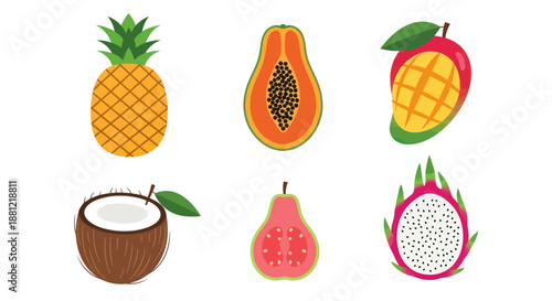 Colorful assortment of fresh tropical fruits isolated on a white background