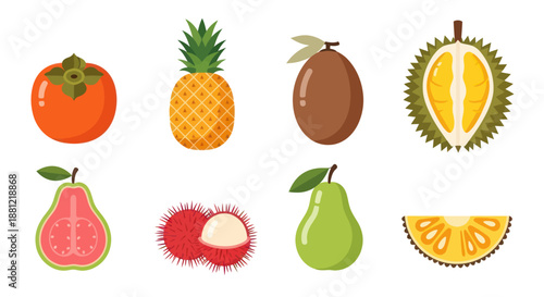 Colorful assortment of fresh tropical fruits isolated on a white background