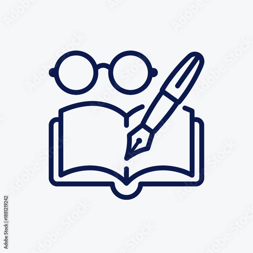 Simple line art icon of writing reading and learning with a book pen and glasses.