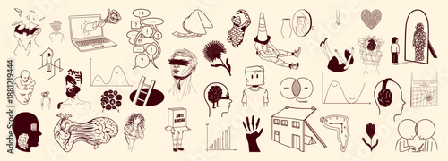 Mental health set with psychological disorder, depression, anxiety, ADHD, burnout, stress, overthinking, emotional exhaustion and inner conflict, hand drawn mind and brain