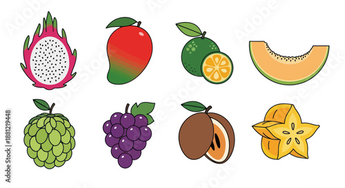 Colorful assortment of fresh tropical fruits isolated on white background