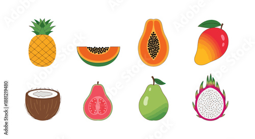Colorful assortment of fresh tropical fruits isolated on white background