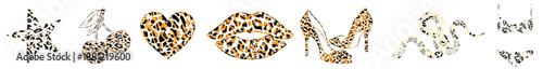 Leopard print Valentine elements set — romantic hearts, stars, heels, lips, cherries, snake and swimsuit symbols