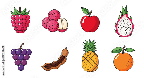 Colorful assortment of various fruits illustrations isolated on white background