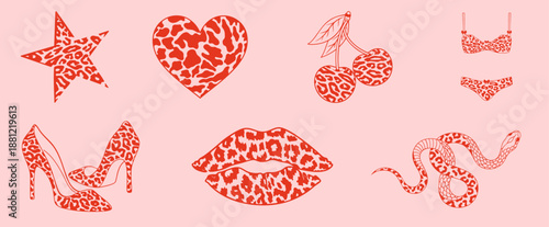 Leopard Print Valentine Decorative Elements Including Star, Heart, High Heels, Lips, Cherries, Snake and Swimsuit, Animal Pattern Love Symbols for Romantic