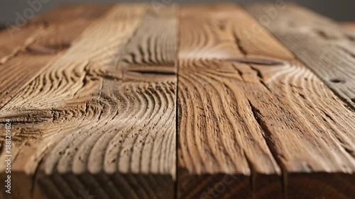 Close-up shot of weathered wooden tabletop with natural grain patterns showing aged rustic textures