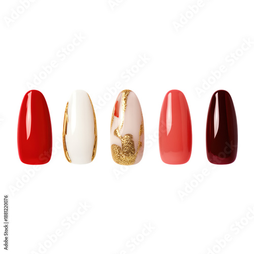 Five oval nails with red, gold, and glitter designs.
