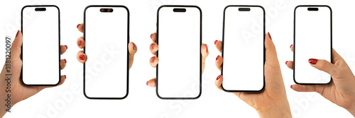 Wallpaper Mural Set of female hands holding smartphone mockups with blank screens isolated on transparent background. Torontodigital.ca
