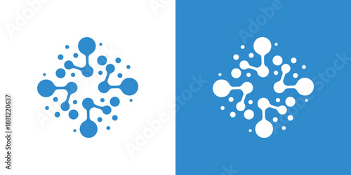 Dual meaning logo combining molecule and dot connection elements, symbolizing scientific innovation, connectivity, research, and integrated technology systems.