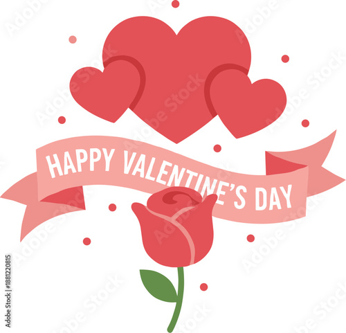 Flat Style Romantic Valentine's Day Illustration with Rose and Hearts