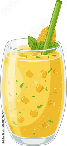 Creative Detailed Corn Smoothie with Straw and Mint in Glass Cup Illustration