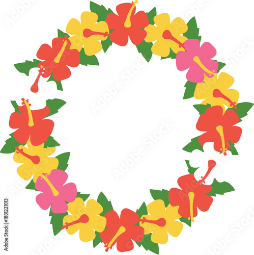 Simple Flat Hibiscus Flower Circle Wreath Tropical Decoration Illustration