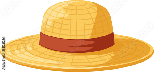 Simple Flat Style Straw Hat with Ribbon Summer Vacation Icon