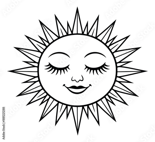 Line art illustration of a sun depicting a peaceful smiling face for bohemian design