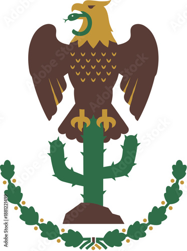 Simplified Illustration of Eagle with Snake on Cactus Symbol Element