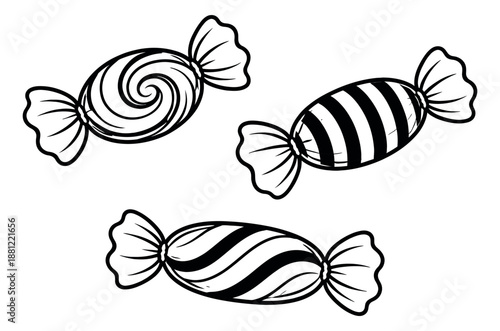 Hand drawn line art candy set featuring wrapped treats with stripe and swirl patterns for sweet food designs