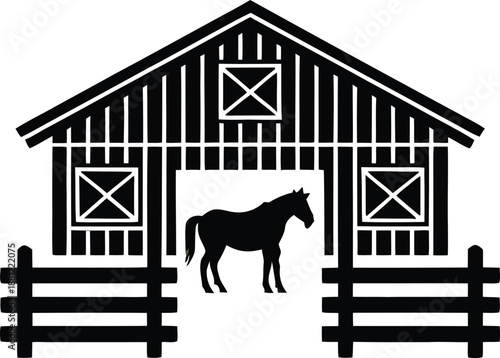 Barn silhouette with horse standing in stable entrance near ranch fence agricultural landscape