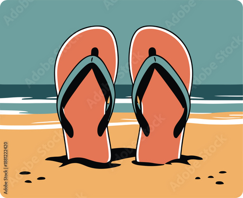 Pair of orange flip flops resting on beach sand with ocean water background