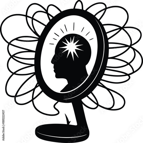 Profile of head in mirror with radiating light silhouette vector illustration