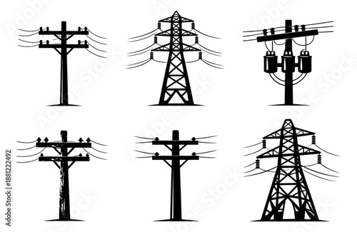 Graphic line art power pole and tower set featuring various electric utility poles and transmission towers for energy distribution concepts