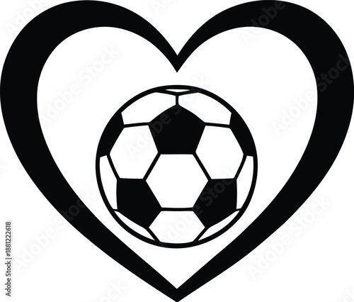 Soccer ball inside big heart silhouette simple black and white sport lover emblem vector icon