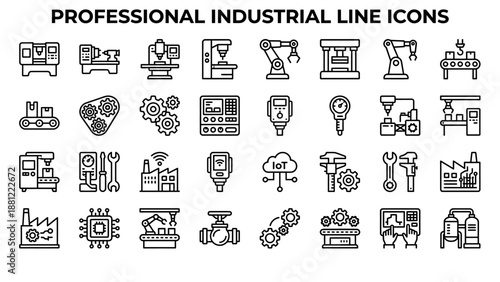 Industrial Machinery Line Icons � Manufacturing Equipment, Factory Automation, Mechanical Outline Vector Set