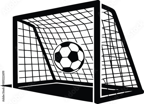 Soccer goal net silhouette with football inside scoring position vector graphic