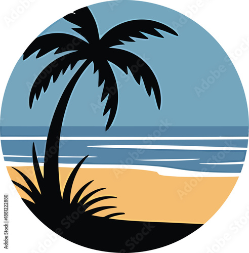 Tropical beach with palm tree and ocean cartoon circle on transparent background
