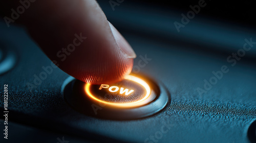 Finger pressing illuminated power button turning on computer
