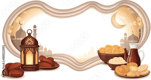 Islamic frame with mosque silhouettes, traditional Iftar food, lit lantern, spiritual ambiance, Ramadan celebration, Eid theme, cultural design