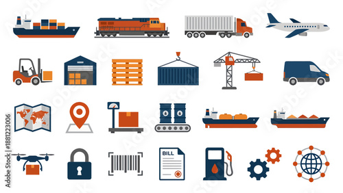 Transportation Flat Icons � Freight Industrial Logistics Set