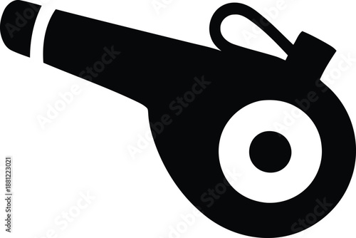 Whistle or cannon icon black silhouette graphic element used for signaling or sports event refereeing design