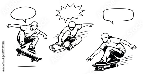 Graphic line art skateboarder set featuring young men performing various tricks with speech bubbles for sports and youth culture designs