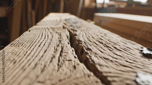 Close-up perspective of a weathered wooden beam with intricate textures and cracks in a woodworking workshop