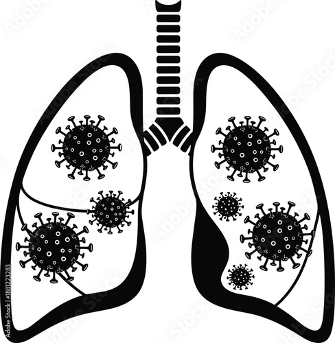Human lungs infected with virus illustration in black and white, respiratory disease concept showing coronavirus particles, medical anatomy graphic, 