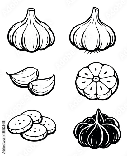 Hand drawn line art garlic set featuring whole bulbs, cloves, and slices for cooking and culinary themes