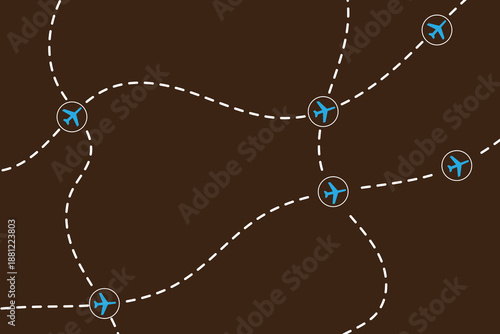 Abstract illustration of interconnected airplane routes forming a network over a dark brown background, symbolizing travel and logistics.
