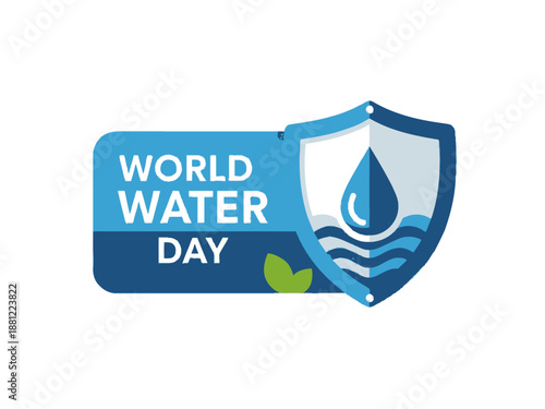 World Water Day emblem with a shield, water drop, and green leaves illustration
