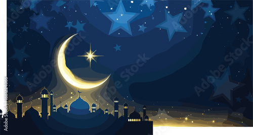 Mosque silhouette with crescent moon, starry night sky, golden domes, Islamic architecture, Ramadan celebration, Eid theme, spiritual ambiance, peaceful design