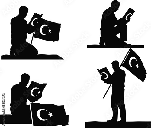 Muslim man silhouettes reading Quran and holding Islamic flag with crescent and star, black and white religious worship illustration, faith, prayer, devotion concept