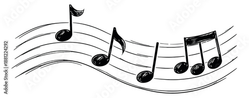 Hand drawn line art illustration of musical notes depicting a flowing melody for music design
