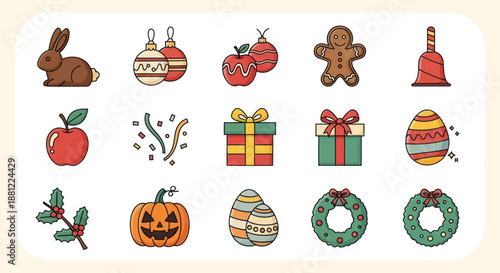 Festive holiday icons rabbit ornaments apples gingerbread bell gifts