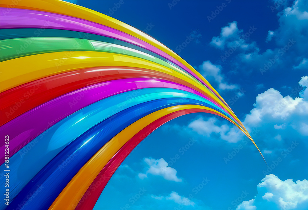 Obraz premium Curved bands of rainbow colors stretch across a bright blue sky with fluffy white clouds creating a vibrant energetic and uplifting scene full of light and joy