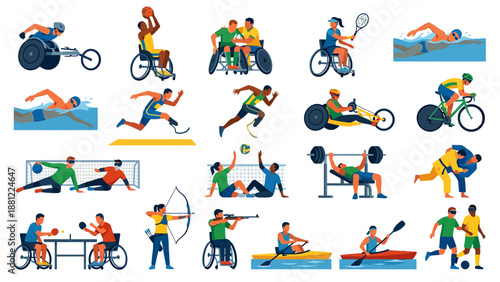 Flat Paralympic Sports Illustration Set Inclusive Athlete Vector