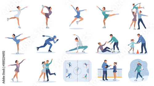 Flat Figure Skating Illustration Set Athlete Performance Vector
