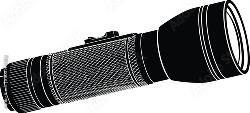 Professional tactical flashlight silhouette with textured grip for emergency lighting and outdoor survival equipment, black portable led torch icon for security and adventure gear.