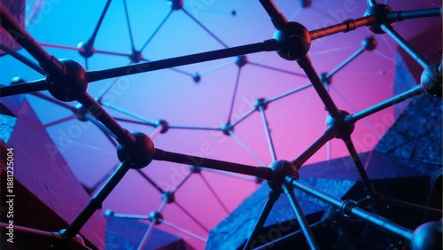 Geometric molecular structure illuminated with vibrant blue and pink lighting